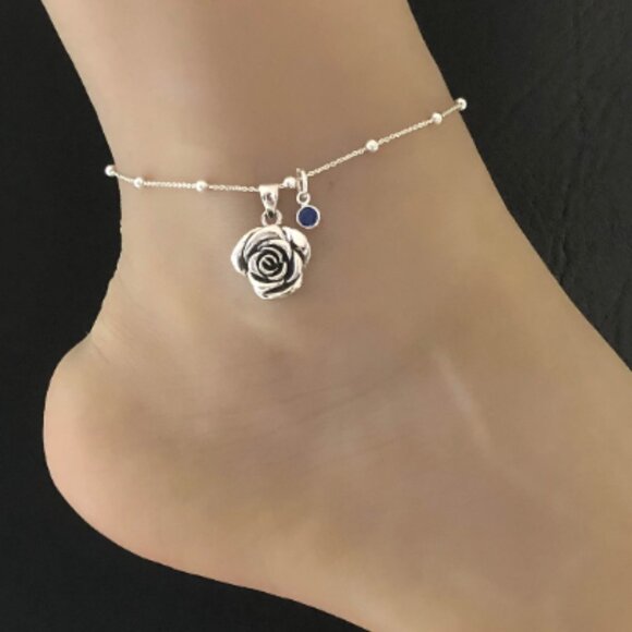 Rose Anklet, Sterling Silver Beaded Ankle Bracelet, Birthstone Ankle Chain - Picture 7 of 16
